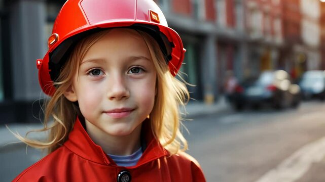 Girl smiling and standing in red helmet and firefighter uniform in background of houses on city street. Concept of fire safety training, prestigious profession, rules conduct in emergency situations.