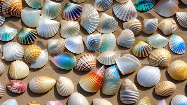Sea background of colorful shells lying on sand. Shell design for decorations, wallpaper or screensaver. Concept of recreation, vacation, travel, tourism.