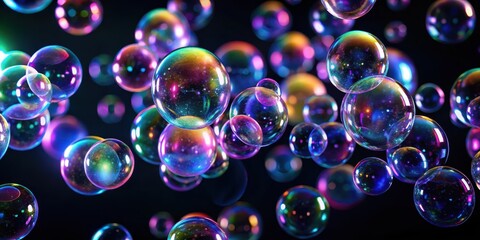Neon bubbles floating in mid-air against a dark black background, emitting soft and calming light, creating an ethereal atmosphere, dreamy, Abstract neon bubbles