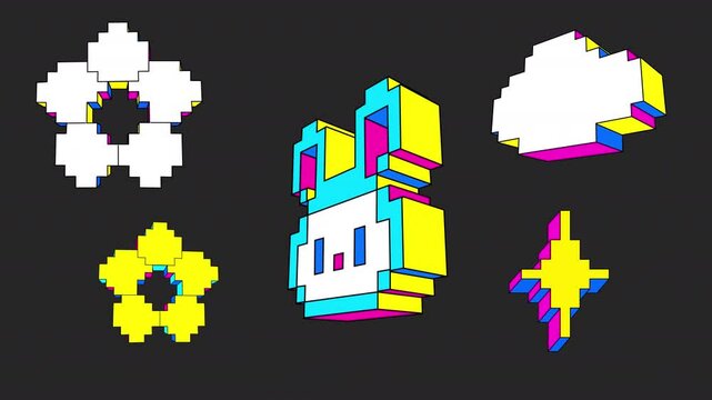 Set of five 3D pixel cartoon animations of rotating flowers, rabbit, cloud and star sparcle. Voxel nature animal emoticons. Seamless loop on a transparent alpha channel.	
