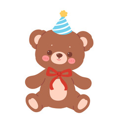 Cute bear with birthday hat and red ribbon decoration cartoon illustration