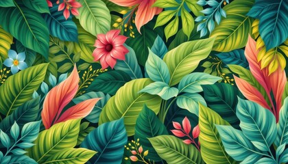 a vibrant and lush tropical foliage background featuring various shades of green leaves, interwoven to create a beautiful floral pattern that gives the illusion of a dense forest