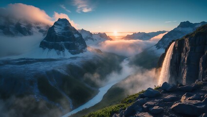 Naklejka premium Mountain Waterfall Valley Landscape View