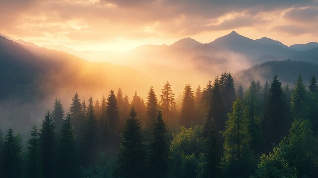 Majestic sunrise over misty mountain forest landscape with golden light rays fog sky view calm trees - Powered by Adobe