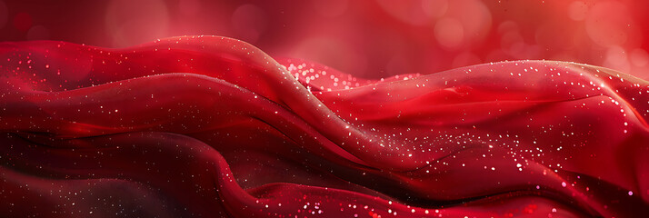 Luxurious abstract background of flowing deep red silk or satin fabric waves with subtle sparkling highlights or water droplets. Elegant texture for romance or design.

