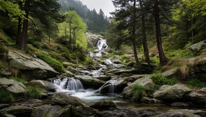 Obraz premium The waterfall cascades gracefully over the rugged rocks, creating a mesmerizing view