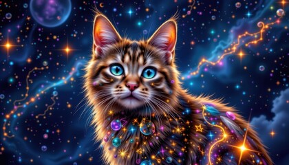 a celestial tabby cat, with fur adorned in vibrant cosmic colors, captures the essence of the taurus constellation