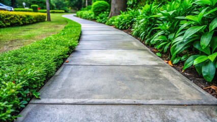 Obraz premium Grey concrete sidewalk with worn stone edging and lush greenery surrounding it ,lush greenery