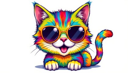 a vibrant and playful cartoon cat design featuring a rainbow of colors with stylish sunglasses, placed against a crisp white background.