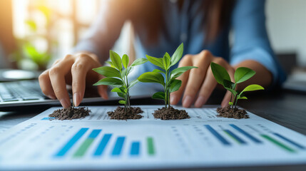 Sustainable Business Growth Concept – Hands with Laptop and Green Plant Sprouts on Financial Charts