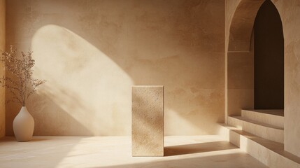 Beige Minimalist Room Interior with Stone Display and Sunlight