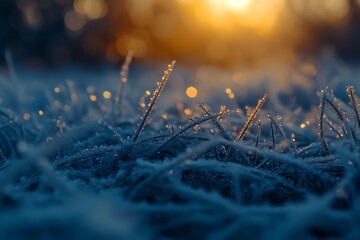 Dew-Covered ice Grass Blades with Vibrant Sunrise Background