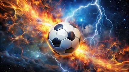 Soccer ball surrounded by flames and lightning bolts illuminating a dark night sky with stars and galaxies in the background