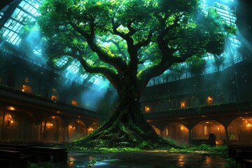 Obraz premium A massive, luminous tree grows in the center of an ornate, grand hall with sunlight streaming through a glass ceiling.
