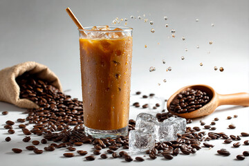 iced coffee in a tall glass. Very cold and contains cold beverage drops