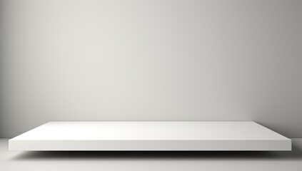 Obraz premium A floating white shelf mounted on a plain, light-colored wall in a minimalist setting.