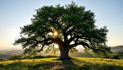 Fototapeta premium Majestic Old Tree at Sunset on Rolling Hills with Sunlight