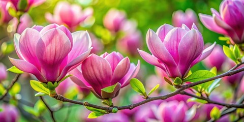 Fototapeta premium Vibrant pink magnolia flowers unfold in a delicate close-up display of springtime beauty, showcasing intricate petals and soft centers amidst lush green foliage , flowers, delicate