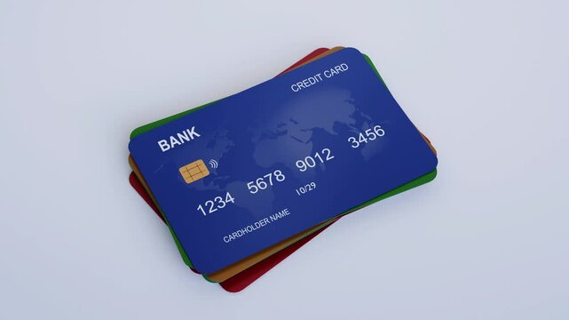 Camera Zoom-Out Animation of 3D Blue Credit Card Stack with Contactless Symbol and World Map for Digital Banking Visuals
