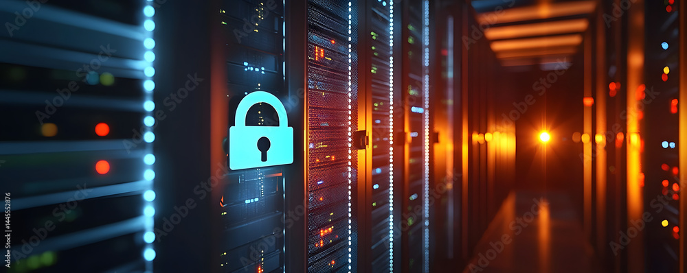 Poster a secure server room with digital lock overlay, highlighting cybersecurity and data protection. the 