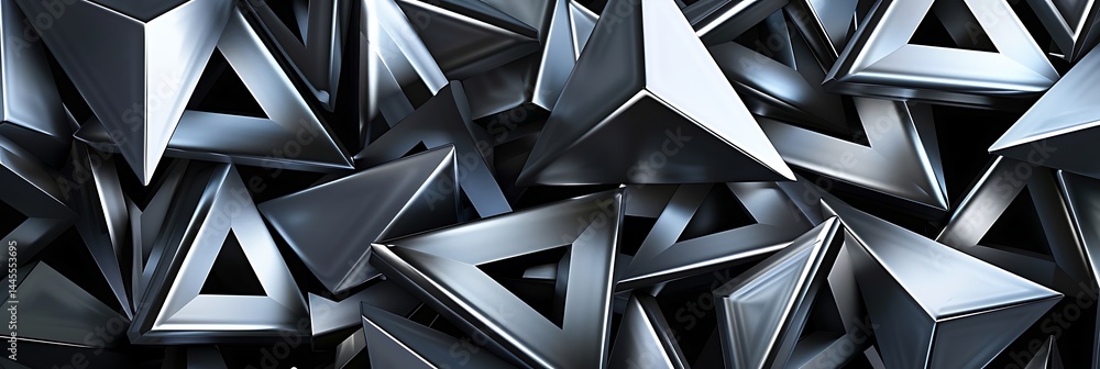 Poster abstract background formed by a pile of interlocking metallic triangular prisms or shapes with brush