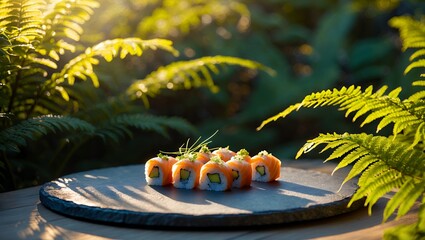 Sushi roll on stone plate with fern background