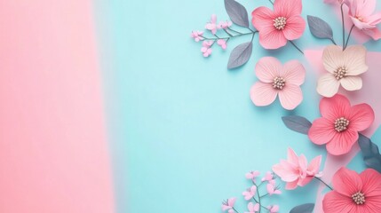 A floral background with pink and white blossoms on a split blue and pink background.