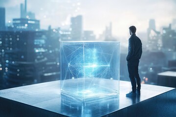 Fototapeta premium Man stands on rooftop, viewing glowing cube against urban skyline