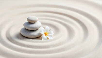 Zen Stones Stacked with White Frangipani Flower on Sand Ripples