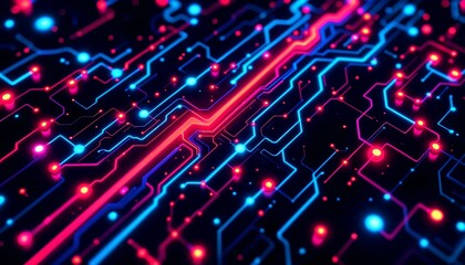 Obraz premium Abstract Circuit Board Design with Glowing Red and Blue Light Trails