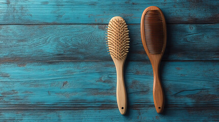 Flat-lay of a hairbrush and comb set on a blue wooden surface, ideal for haircare presentation