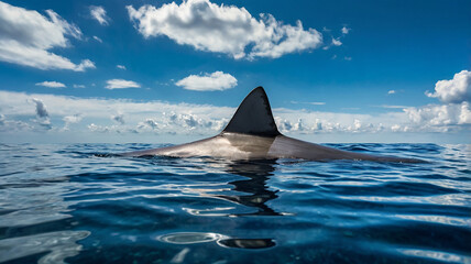 A dark gray dorsal fin breaks the blue sea surface. The presence of these distinctive fins creates a sense of mystery and potential danger hidden beneath the waves