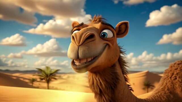 Camel smiling in desert landscape celebrating hump day