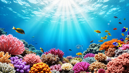 Obraz premium Vibrant coral reef ecosystem teeming with colorful fish, underwater beauty