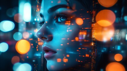 A cyberpunk-inspired portrait of a person gazing intensely, with neon lights and futuristic atmosphere