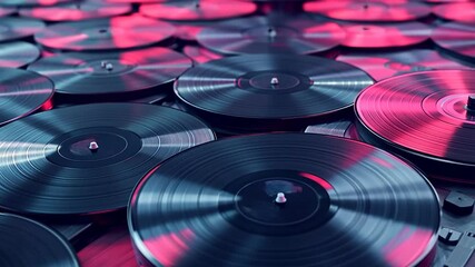 Stacked Vinyl Records in Neon Light - Powered by Adobe