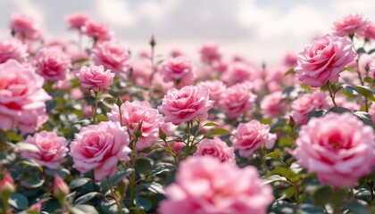 Obraz premium Blooming Pink Roses Field Under Soft Cloudy Sky Nature View