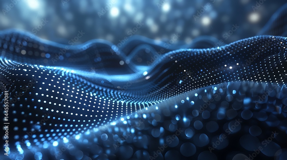 Poster abstract digital landscape formed by glowing blue dots creating undulating waves on a dark backgroun