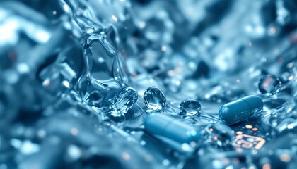 Blue Pills and Water Droplets on Glossy Surface for Medicine Concept