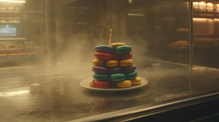 Stack of colorful macarons or pastries in a bakery display case