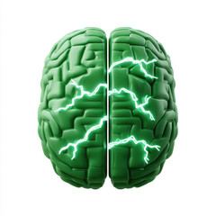 Vibrant green brain model with lightning energy bolts symbolizes innovation and technology