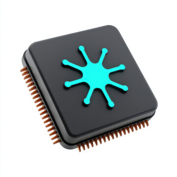Sleek black microchip with vibrant blue neural power symbol, showcasing advanced technology and innovation