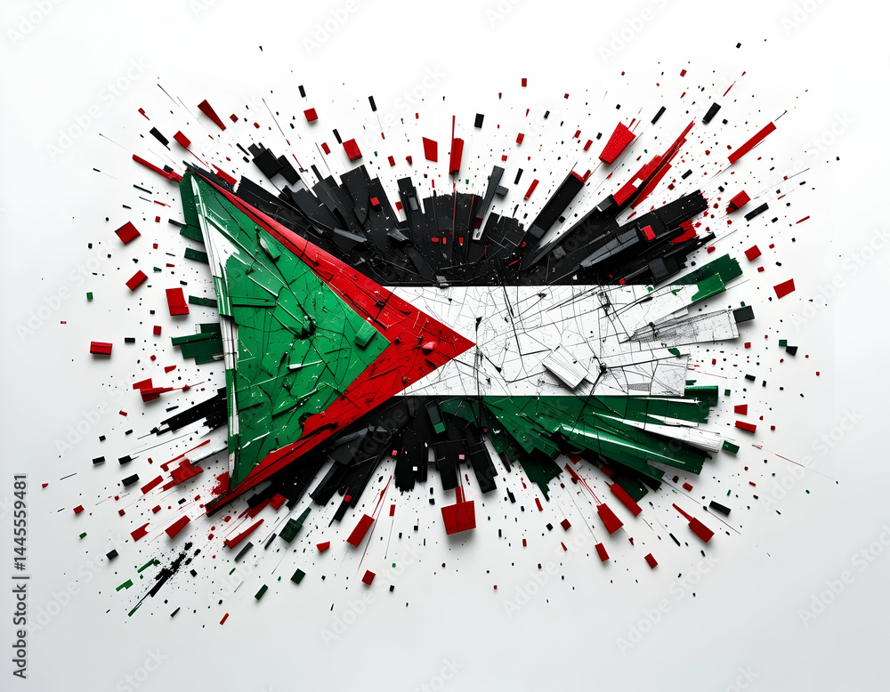 Poster abstract exploding shape with green red black and white