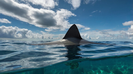 A dark gray dorsal fin breaks the blue sea surface. The presence of these distinctive fins creates a sense of mystery and potential danger hidden beneath the waves