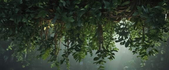 Fototapeta premium Deep emerald green tropical foliage, intertwined vines, abundant plant life , vines, vegetation