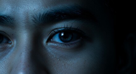 Close-up Woman's Eyes with Dark Blue Lighting and Intense Gaze