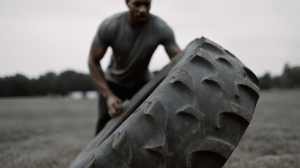 Person flipping large tire in open field, showcasing strength and determination