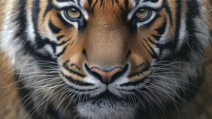 Fototapeta premium Intense tiger portrait, blurred background, zoo setting, conservation awareness