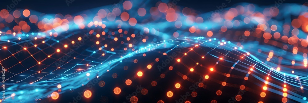 Aufkleber abstract technology background with glowing orange nodes on a flowing blue digital wave grid. repres