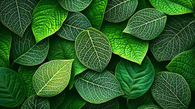 A vibrant and highly detailed botanical background featuring close-up green leaves with intricate vein patterns